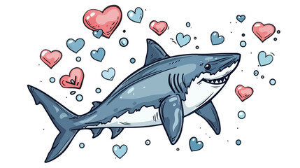 Cartoon character of shark with hearts shape bubbles h