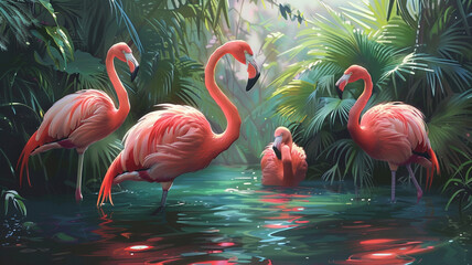 Graceful flamingos wading in a shimmering lagoon.