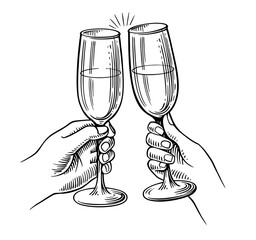 champagne cheers drawing. Hands toasting with wine glasses with drinks. - 777161787