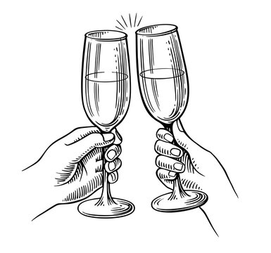 champagne cheers drawing. Hands toasting with wine glasses with drinks.