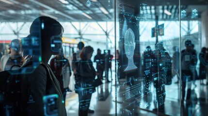 Passenger at Airport Security Checkpoint with Advanced Facial Recognition Technology Screen Display - obrazy, fototapety, plakaty