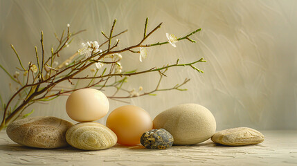 Easter celebration with decorated eggs and spring flowers, festive background