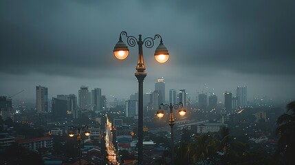 A city streetlight stands against the backdrop of a sprawling urban evening, with car headlights...