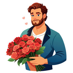 A man is holding a bouquet of red roses. He is smiling and looking at the camera