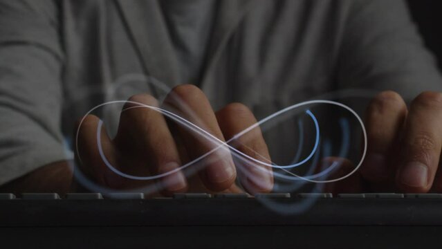 An animated infinity symbol against the background of a person working on a keyboard. The concept of limitless possibilities of AI. Cg