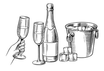Bottle of champagne and glass. Beverage drawing for bar - 777162721
