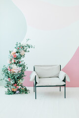 Abstract wall white modern chair spring flowers in a beautiful space