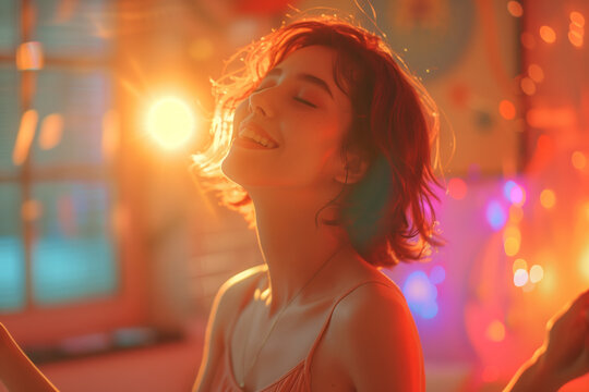 Happy carefree young woman dancing alone having fun at the party, listening to good music, energetic girl moving jumping in modern club interior neon lighting, freedom lifestyle. Walpaper, poster