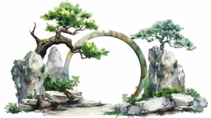 Foto auf Acrylglas A spiritual nature landscape with zen garden design elements, stone gate round arch, and green trees. Watercolor clip art isolated on white. © Mark