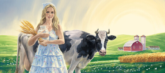 Milkmaid, holding a full jar of milk in her hands, and a sheaf with ears of wheat. With a cow and a farm in the background, early morning, sunrise. Raster illustration.