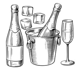 Bottle of champagne and glass. Beverage drawing for bar - 777163316