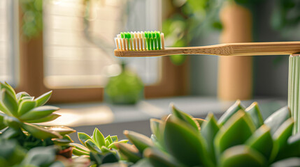 Eco-friendly bamboo toothbrushes, dental care and hygiene concept, sustainable bathroom accessories