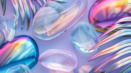 The background features a smooth pebble and tropical leaf, abstract colorful iridescent glass shapes, and a trendy 3D rendering