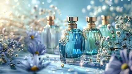 Obraz na płótnie Canvas Elegant Blue Perfume Collection with Floral Accents Generative AI