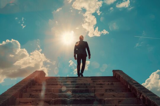Businessman climbing the old concrete stairs with sky cloudscape sunlight background