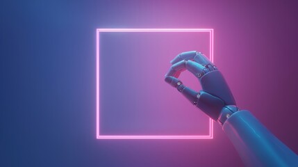 A mannequin holds a pink neon square frame against a geometrical backdrop. Futuristic technology wallpaper.
