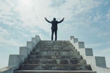 Rear view businessman cheering on top of concrete stairs isolated in white