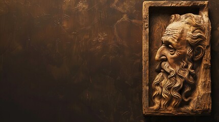 carving of an ancient thinker, framed on the right side with an empty space on the left - obrazy, fototapety, plakaty