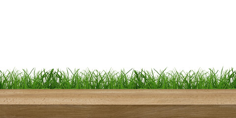 a wooden table on a grass background