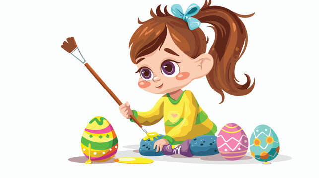 Cartoon little girl painting an easter egg flat vector