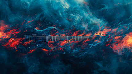Electric guitar engulfed in flames, vibrant music concept, abstract fiery background