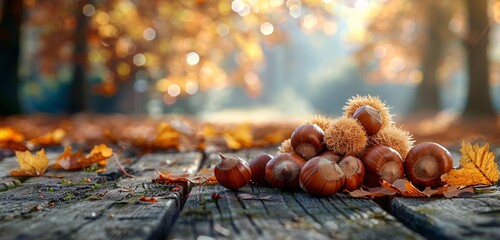 Autumnal Harvest A Collection of Freshly Picked Hazelnuts Amidst the Falling Leaves Generative AI