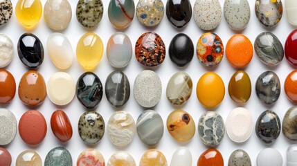 A bunch of different colored stones are arranged on a table, AI - Powered by Adobe