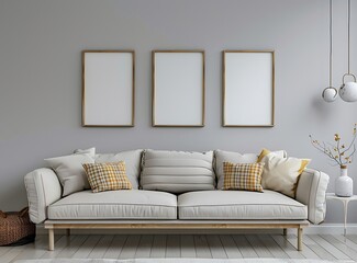 3D rendering of a modern living room interior with a sofa and framed pictures on the wall in a grey colored background