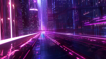 Futuristic city with city lights and neon lights ,Retro-Futuristic Techno Circuitry background. Immerse yourself in the vivid glow of  Magenta lines intricately weaving across a sleek  - obrazy, fototapety, plakaty