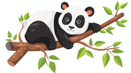 Cartoon little panda on tree branch flat vector isolated