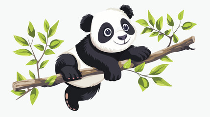 Cartoon little panda on tree branch flat vector isolated