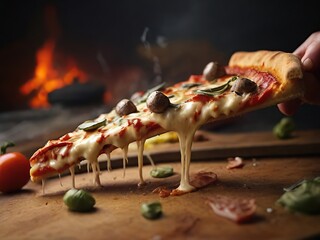 Slice of pizza with mozzarella, olives, tomato and basil on wooden board - 777166376
