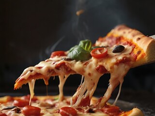 Pizza with mozzarella cheese, tomatoes and basil on dark background - 777166395