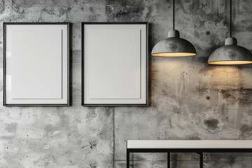 Three frames hanging on a rough concrete wall mockup