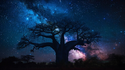 Majestic baobab tree silhouetted against a starry night sky.