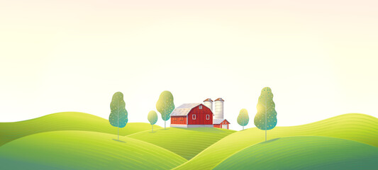 Rural summer landscape with a farm and agricultural fields on hills. Raster illustration.