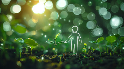The background is a bokeh effect flower garden with burning green and white light dots - obrazy, fototapety, plakaty