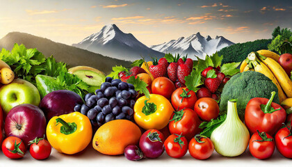 Top view different fresh fruits and vegetables organic on table top, Colorful various fresh...