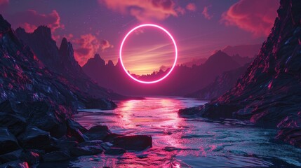 This 3D rendering shows a sunrise or sunset with a round geometric shape and a mystic landscape with mountains, water and a glowing neon ring.