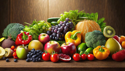 Top view different fresh fruits and vegetables organic on table top, Colorful various fresh...