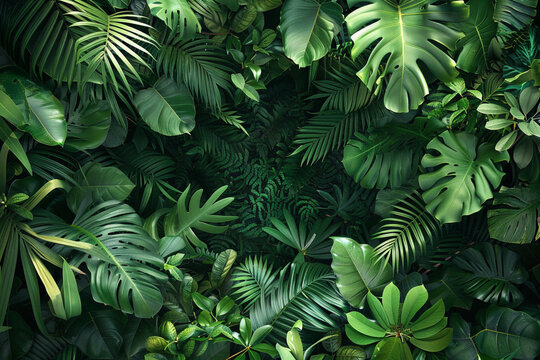 Tropical forest background, jungle background with border made of tropical leaves with empty space in center, copy space