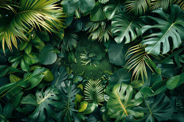 Fototapeta na wymiar Tropical forest background, jungle background with border made of tropical leaves with empty space in center, copy space