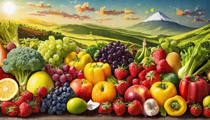 Poster Top view different fresh fruits and vegetables organic on table top, Colorful various fresh vegetables for eating healthy and dieting © netsay