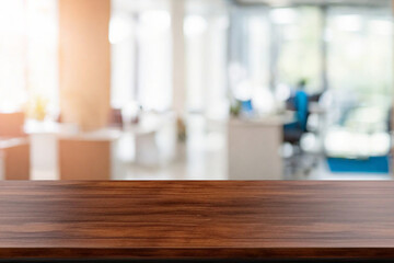 On the blurred background of the empty office room, a wooden board rested atop the table