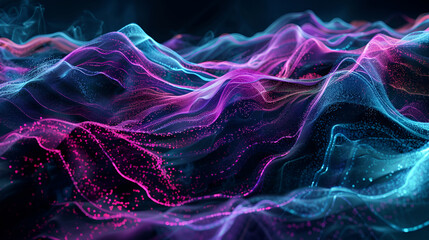 Vibrant pink and blue neon wave lines, bokeh lights, data transfer concept on futuristic wallpaper ,A vibrant and dynamic wave of brilliant colors emerges from a velvety black background - obrazy, fototapety, plakaty