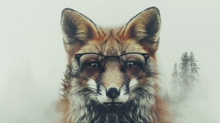 Fototapeta premium A close up of a fox with glasses and foggy background, AI