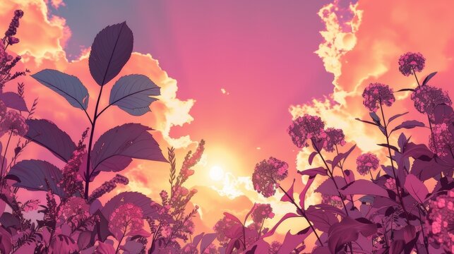 A picture of a sunset with pink clouds and purple flowers, AI