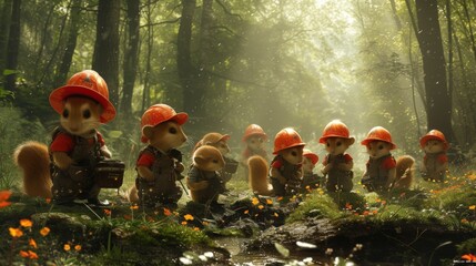 A group of small squirrels wearing hard hats and orange vests, AI