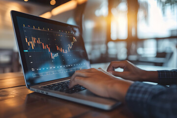 Businessman's Hands Analyzing Finance Trade Indicators Using Laptop, with Stock Market Graph Showing Ups and Downs