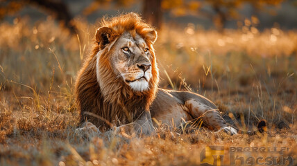 Majestic lion basking in golden sunlight.